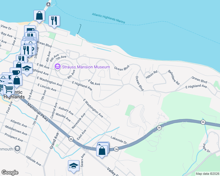 map of restaurants, bars, coffee shops, grocery stores, and more near 131 East Mount Avenue in Atlantic Highlands