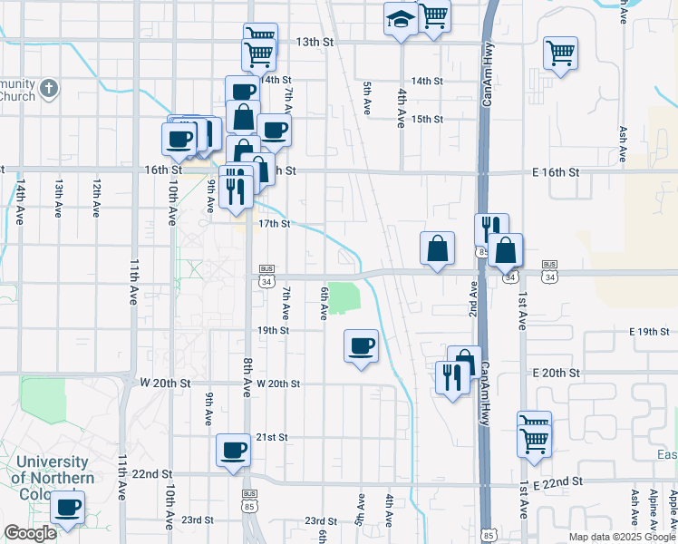 map of restaurants, bars, coffee shops, grocery stores, and more near 1758 6th Avenue in Greeley