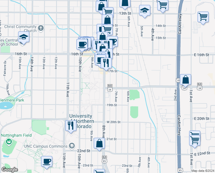 map of restaurants, bars, coffee shops, grocery stores, and more near 1744 U.S. 85 Business in Greeley