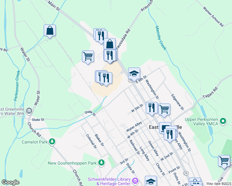 map of restaurants, bars, coffee shops, grocery stores, and more near 215 West 6th Street in East Greenville