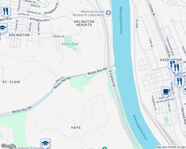 map of restaurants, bars, coffee shops, grocery stores, and more near 961 Becks Run Road in Pittsburgh