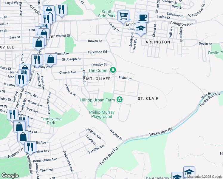 map of restaurants, bars, coffee shops, grocery stores, and more near 539 Mountain Avenue in Pittsburgh