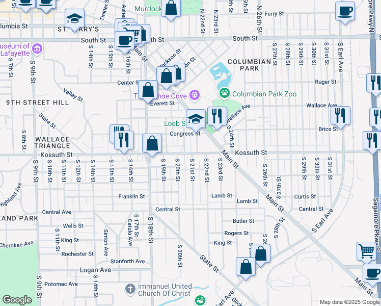 map of restaurants, bars, coffee shops, grocery stores, and more near 2007 Kossuth Street in Lafayette