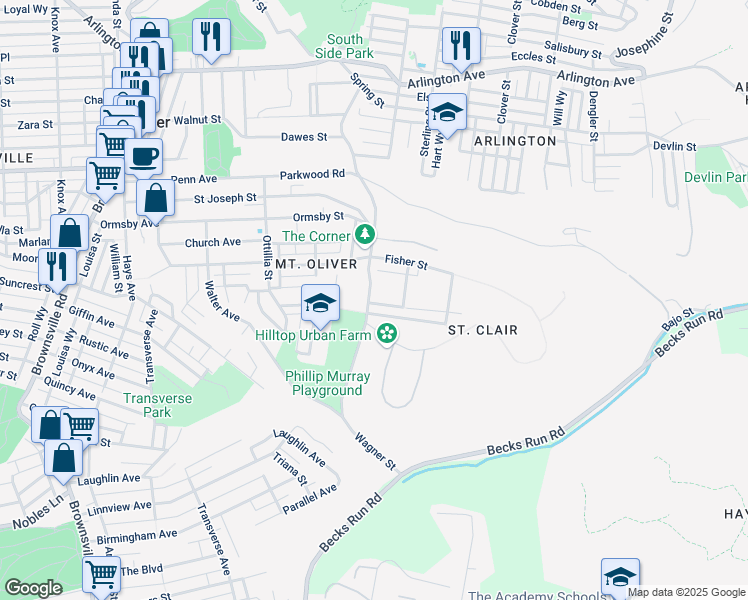 map of restaurants, bars, coffee shops, grocery stores, and more near 539 Mountain Avenue in Pittsburgh