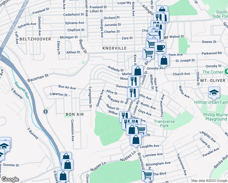map of restaurants, bars, coffee shops, grocery stores, and more near 301 Alice Street in Pittsburgh