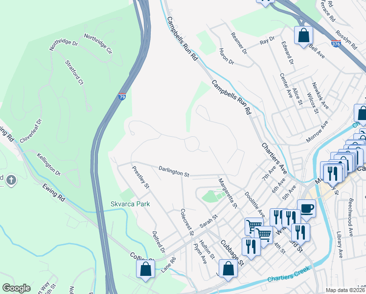 map of restaurants, bars, coffee shops, grocery stores, and more near 344 Sunrise Drive in Carnegie