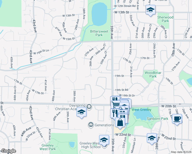 map of restaurants, bars, coffee shops, grocery stores, and more near 1822 Frontier Road in Greeley