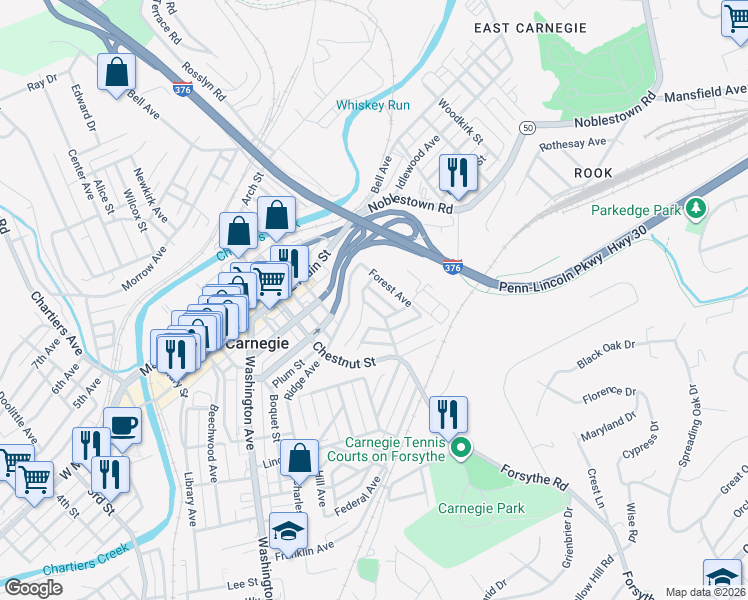 map of restaurants, bars, coffee shops, grocery stores, and more near 416 Grandview Avenue in Carnegie
