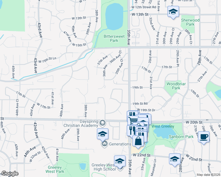 map of restaurants, bars, coffee shops, grocery stores, and more near 1822 Frontier Road in Greeley