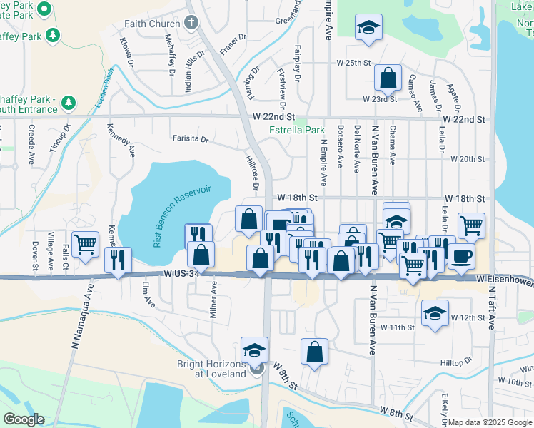 map of restaurants, bars, coffee shops, grocery stores, and more near 1751 North Wilson Avenue in Loveland