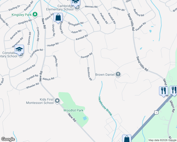 map of restaurants, bars, coffee shops, grocery stores, and more near 17 Stockton Road in South Brunswick Township