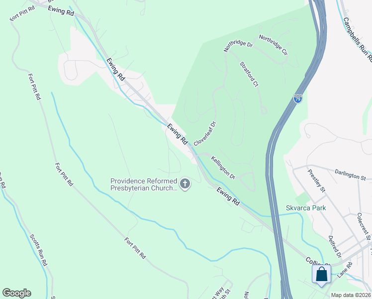 map of restaurants, bars, coffee shops, grocery stores, and more near 235 Ewing Road in Carnegie