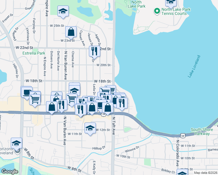 map of restaurants, bars, coffee shops, grocery stores, and more near 1704 Abeyta Court in Loveland