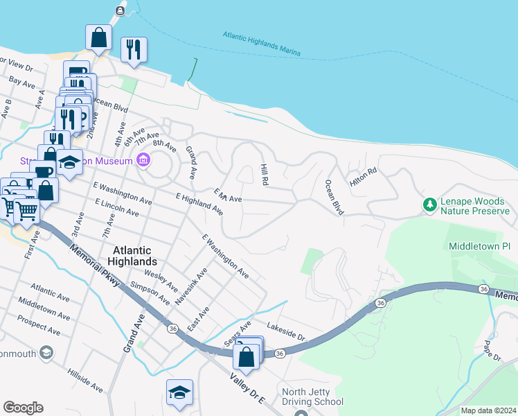 map of restaurants, bars, coffee shops, grocery stores, and more near 131 East Mount Avenue in Atlantic Highlands