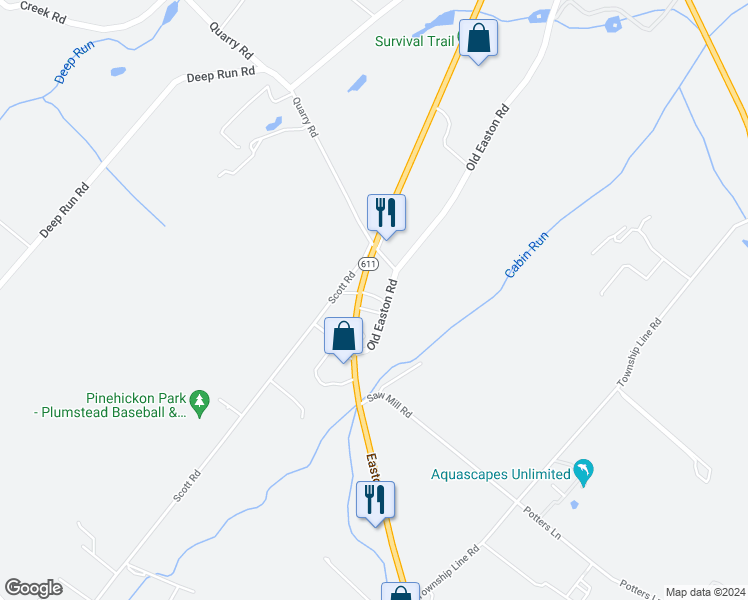 map of restaurants, bars, coffee shops, grocery stores, and more near 6624 Old Easton Road in Bucks County