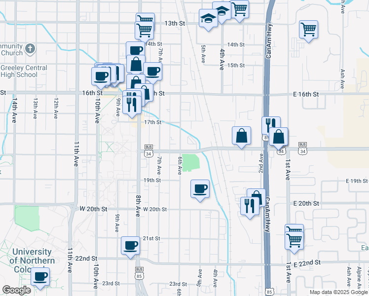 map of restaurants, bars, coffee shops, grocery stores, and more near 1758 6th Avenue in Greeley