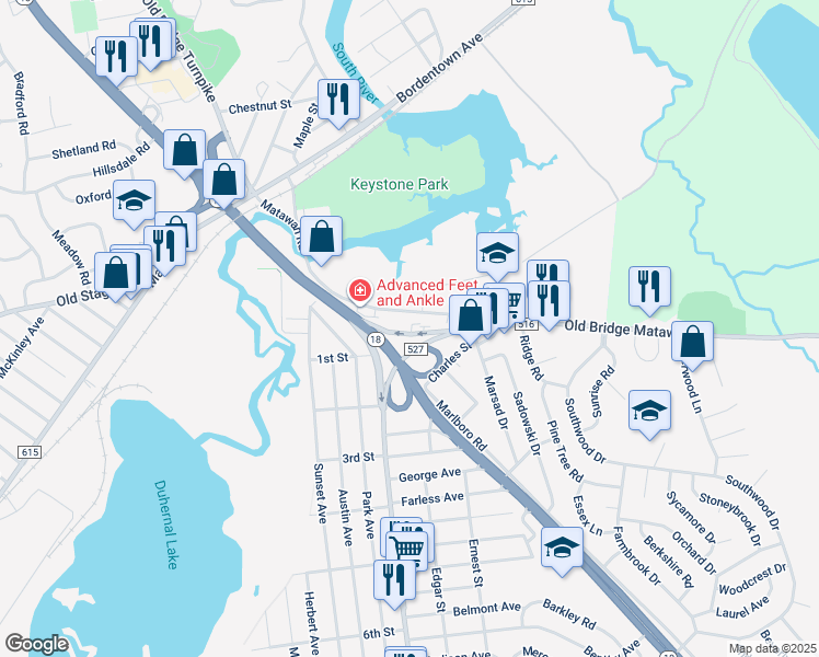 map of restaurants, bars, coffee shops, grocery stores, and more near 182 County Road 516 in Old Bridge