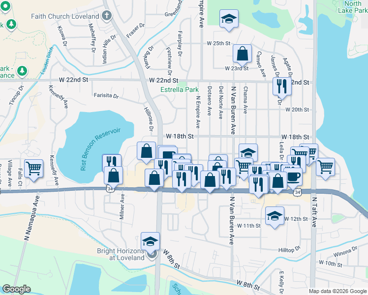 map of restaurants, bars, coffee shops, grocery stores, and more near 1712 North Estrella Avenue in Loveland