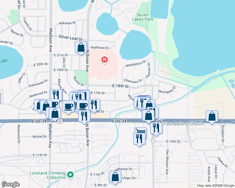 map of restaurants, bars, coffee shops, grocery stores, and more near 1624 Cheyenne Avenue in Loveland