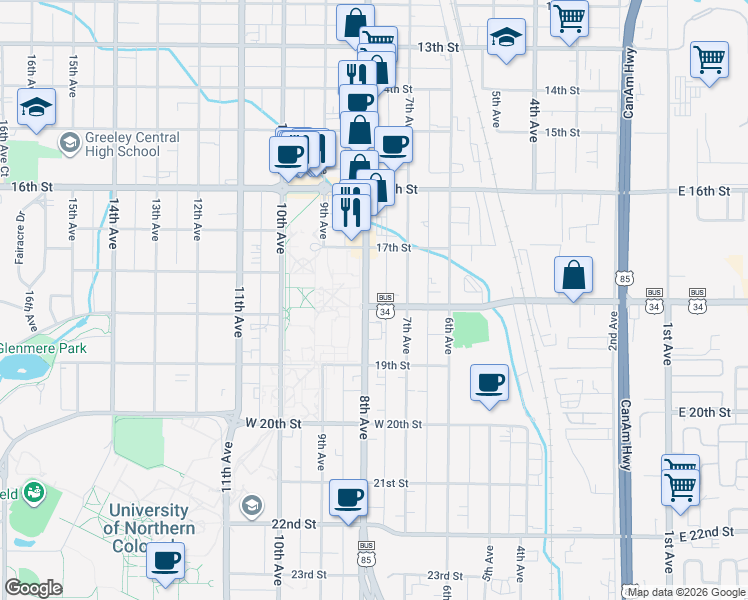 map of restaurants, bars, coffee shops, grocery stores, and more near 1744 8th Avenue in Greeley