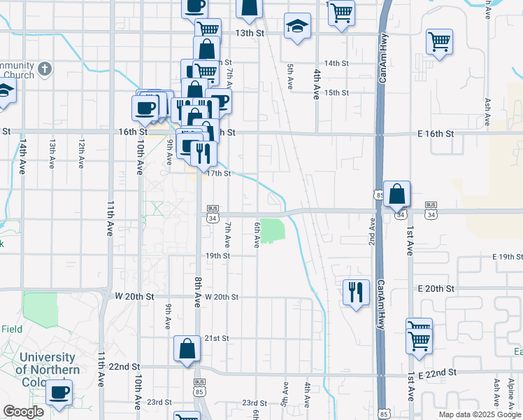map of restaurants, bars, coffee shops, grocery stores, and more near 1758 6th Avenue in Greeley