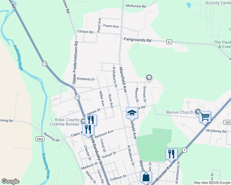 map of restaurants, bars, coffee shops, grocery stores, and more near 1313 North Mulberry Street in Mount Vernon