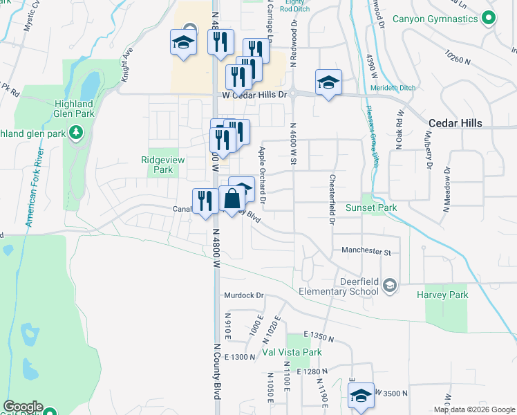 map of restaurants, bars, coffee shops, grocery stores, and more near 9803 North 4680 West in Cedar Hills