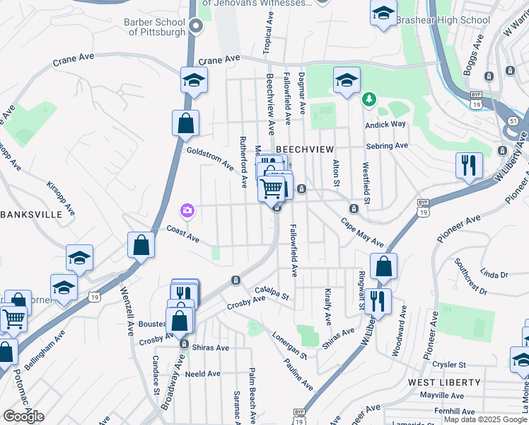 map of restaurants, bars, coffee shops, grocery stores, and more near 1607 Methyl Street in Pittsburgh