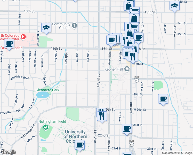 map of restaurants, bars, coffee shops, grocery stores, and more near 1821 11th Avenue in Greeley