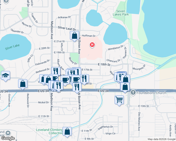 map of restaurants, bars, coffee shops, grocery stores, and more near 1650 East 17th Street in Loveland