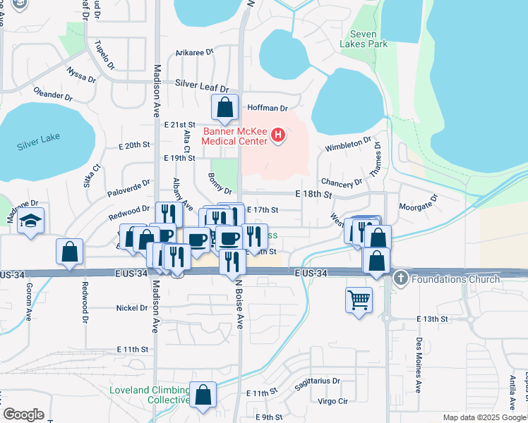 map of restaurants, bars, coffee shops, grocery stores, and more near 1648 East 17th Street in Loveland