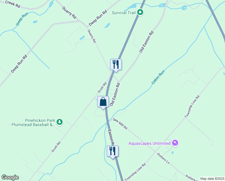 map of restaurants, bars, coffee shops, grocery stores, and more near 6624 Old Easton Road in Bucks County