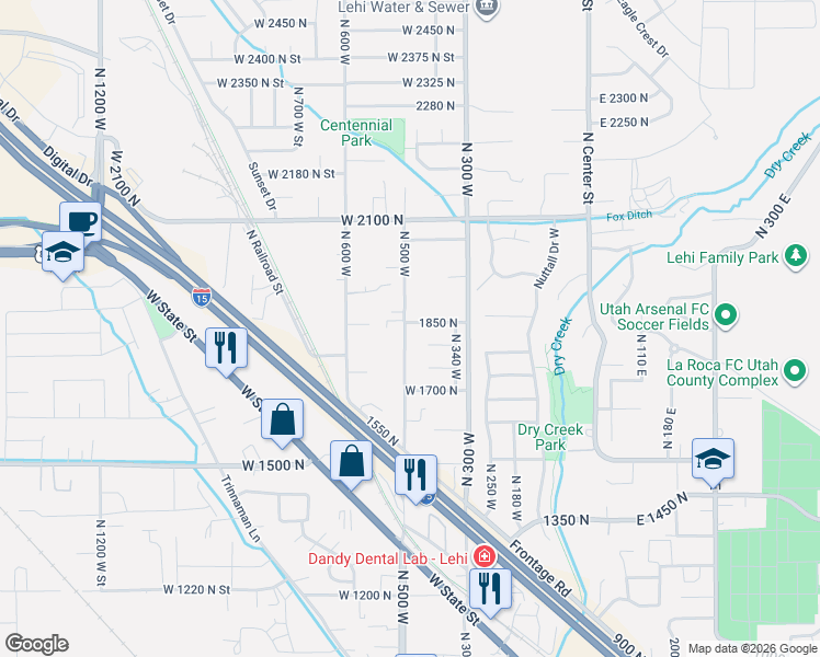 map of restaurants, bars, coffee shops, grocery stores, and more near 1830 North 500 West in Lehi