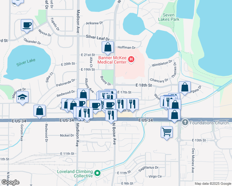 map of restaurants, bars, coffee shops, grocery stores, and more near 1612 East 17th Street in Loveland