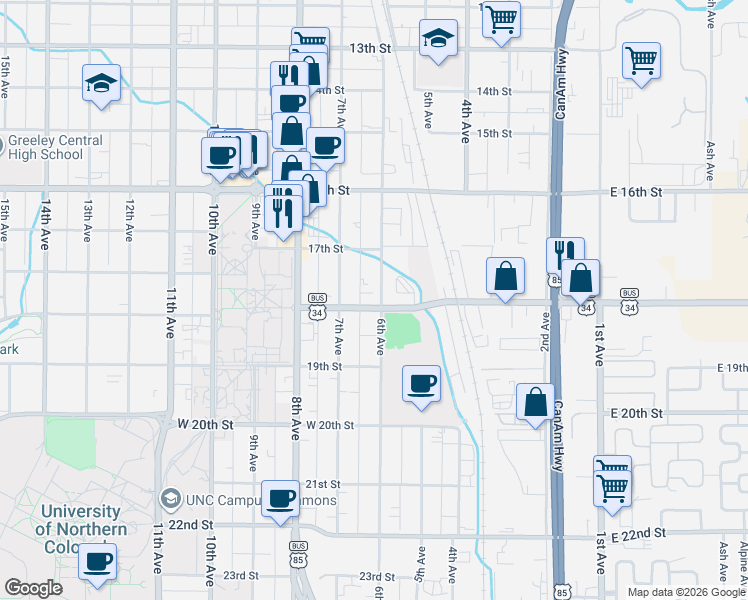 map of restaurants, bars, coffee shops, grocery stores, and more near 603 18th Street in Greeley