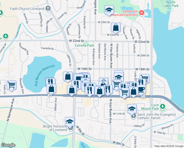 map of restaurants, bars, coffee shops, grocery stores, and more near 1713 North Empire Avenue in Loveland