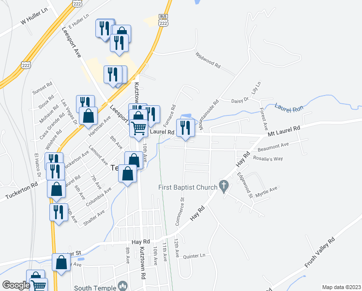 map of restaurants, bars, coffee shops, grocery stores, and more near 1141 Beaumont Avenue in Temple