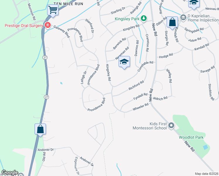 map of restaurants, bars, coffee shops, grocery stores, and more near 45 Wheeler Road in South Brunswick Township