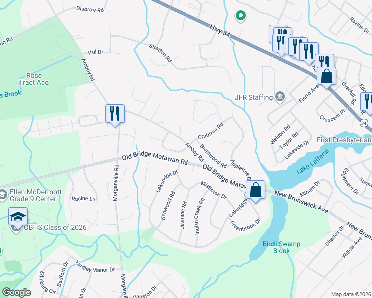 map of restaurants, bars, coffee shops, grocery stores, and more near 42 Donald Circle in Matawan