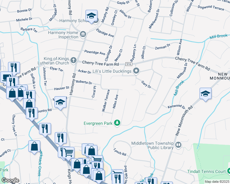 map of restaurants, bars, coffee shops, grocery stores, and more near 1 Niles Avenue in Middletown Township