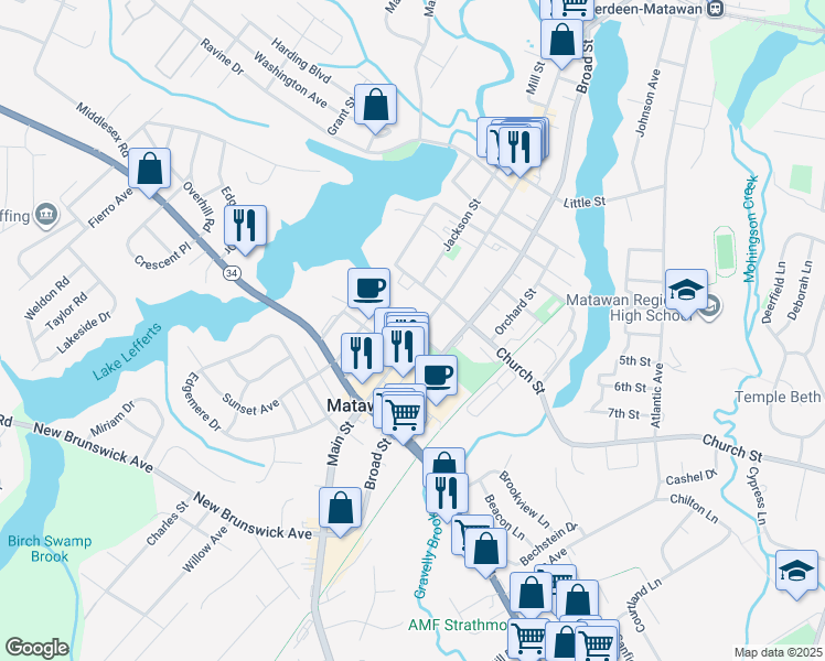 map of restaurants, bars, coffee shops, grocery stores, and more near 238a Main Street in Matawan