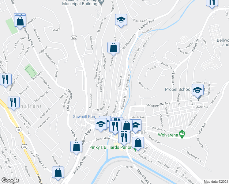 map of restaurants, bars, coffee shops, grocery stores, and more near 522 Line Street in Turtle Creek