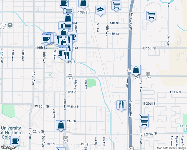 map of restaurants, bars, coffee shops, grocery stores, and more near 1758 6th Avenue in Greeley