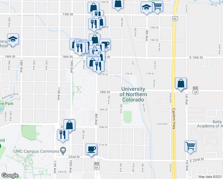 map of restaurants, bars, coffee shops, grocery stores, and more near 1743 7th Avenue in Greeley
