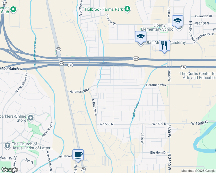 map of restaurants, bars, coffee shops, grocery stores, and more near 4210 West 1850 North in Lehi