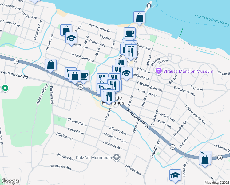 map of restaurants, bars, coffee shops, grocery stores, and more near in Atlantic Highlands