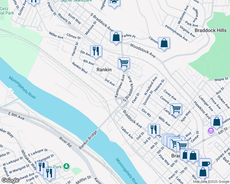 map of restaurants, bars, coffee shops, grocery stores, and more near 103 Rankin Boulevard in Braddock