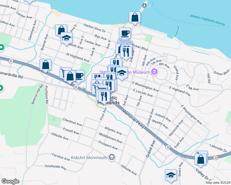 map of restaurants, bars, coffee shops, grocery stores, and more near 13 East Garfield Avenue in Atlantic Highlands