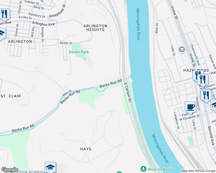 map of restaurants, bars, coffee shops, grocery stores, and more near 985 Becks Run Road in Pittsburgh