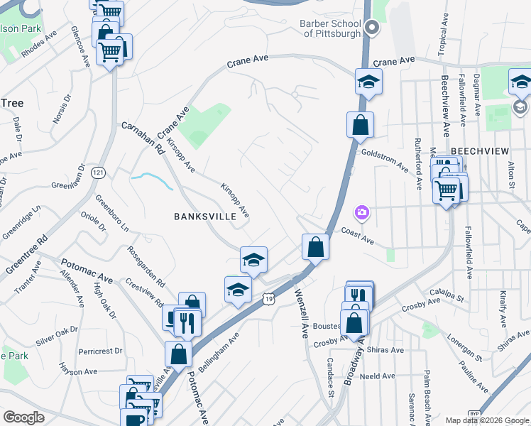 map of restaurants, bars, coffee shops, grocery stores, and more near 1077 Roseanne Avenue in Pittsburgh